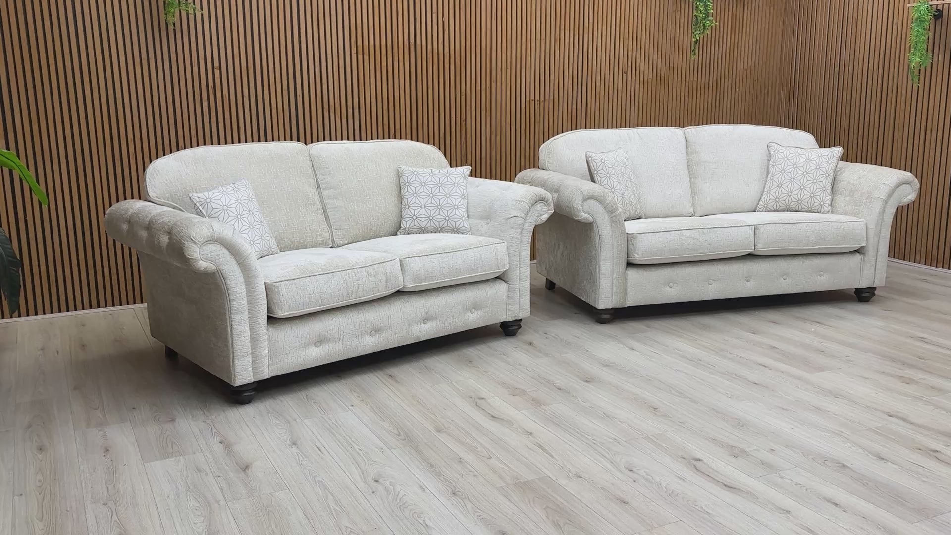 Video showcasing the design and truffle chenille fabric of the 'Venice' Sofa Set.