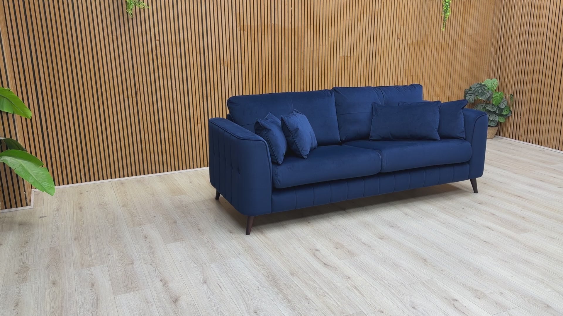 Video tour of the Sofology Remy sofa, providing a close-up look at the rich velvet texture and the sturdy wooden frame.