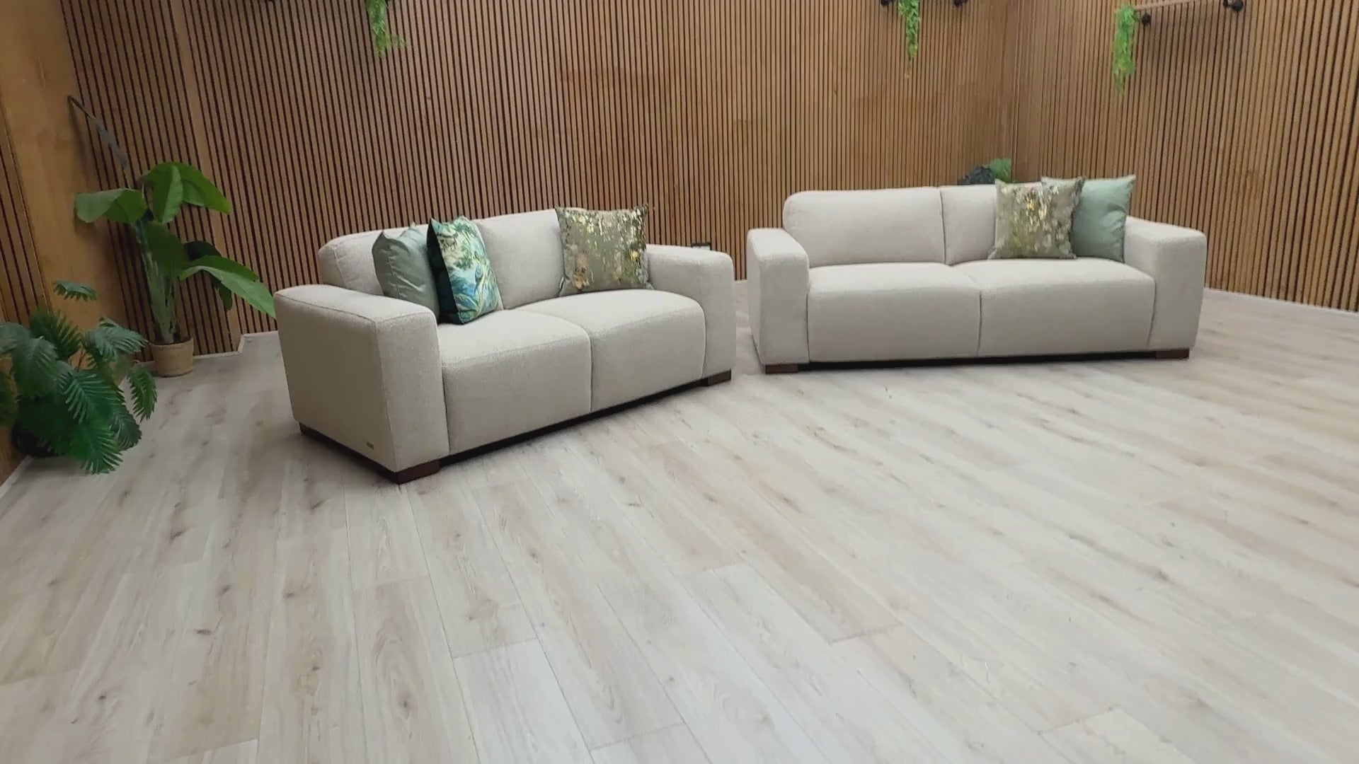 Video Of ‘Michelle Keegan Home Cortes’ contemporary 3-seater and 2-seater sofa suite, beautifully tailored in textured natural cream fabric upholstery.