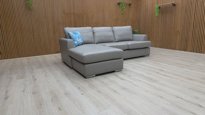 Video preview of the Freya Dove Grey Beau Leather Left Hand Facing 4 Seater Lounger.