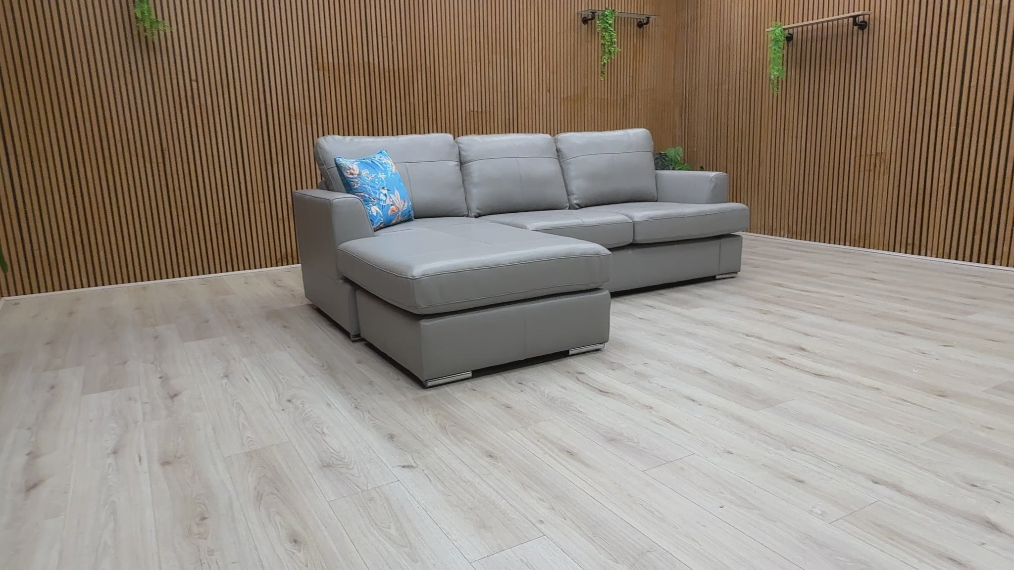 Video preview of the Freya Dove Grey Beau Leather Left Hand Facing 4 Seater Lounger.