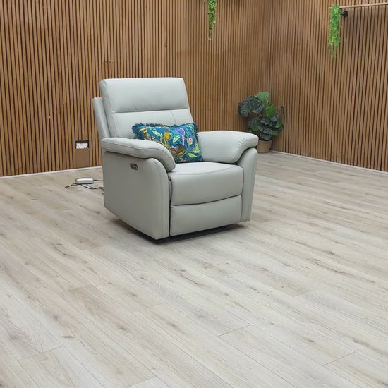 Video Of ‘Sally’ contemporary living room suite, showcasing a luxury 3-seater power recliner sofa and a matching power recliner armchair beautifully upholstered in premium Light Grey leather.