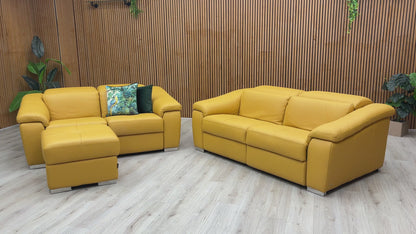 Nicoletti 'Galileo' Torello Senape 355 Ch Leather 2.5 + 2 Seater Power Recliner Sofa Set with Power Headrests + Storage Footstool