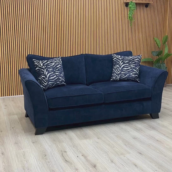 Video Of ‘Sasha’ contemporary 6-seater sofa lounge suite, featuring two matching 3-seater sofas beautifully upholstered in an elegant, rich Zara Navy Blue fabric.