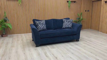 Video Of ‘Sasha’ contemporary 6-seater sofa lounge suite, featuring two matching 3-seater sofas beautifully upholstered in an elegant, rich Zara Navy Blue fabric.