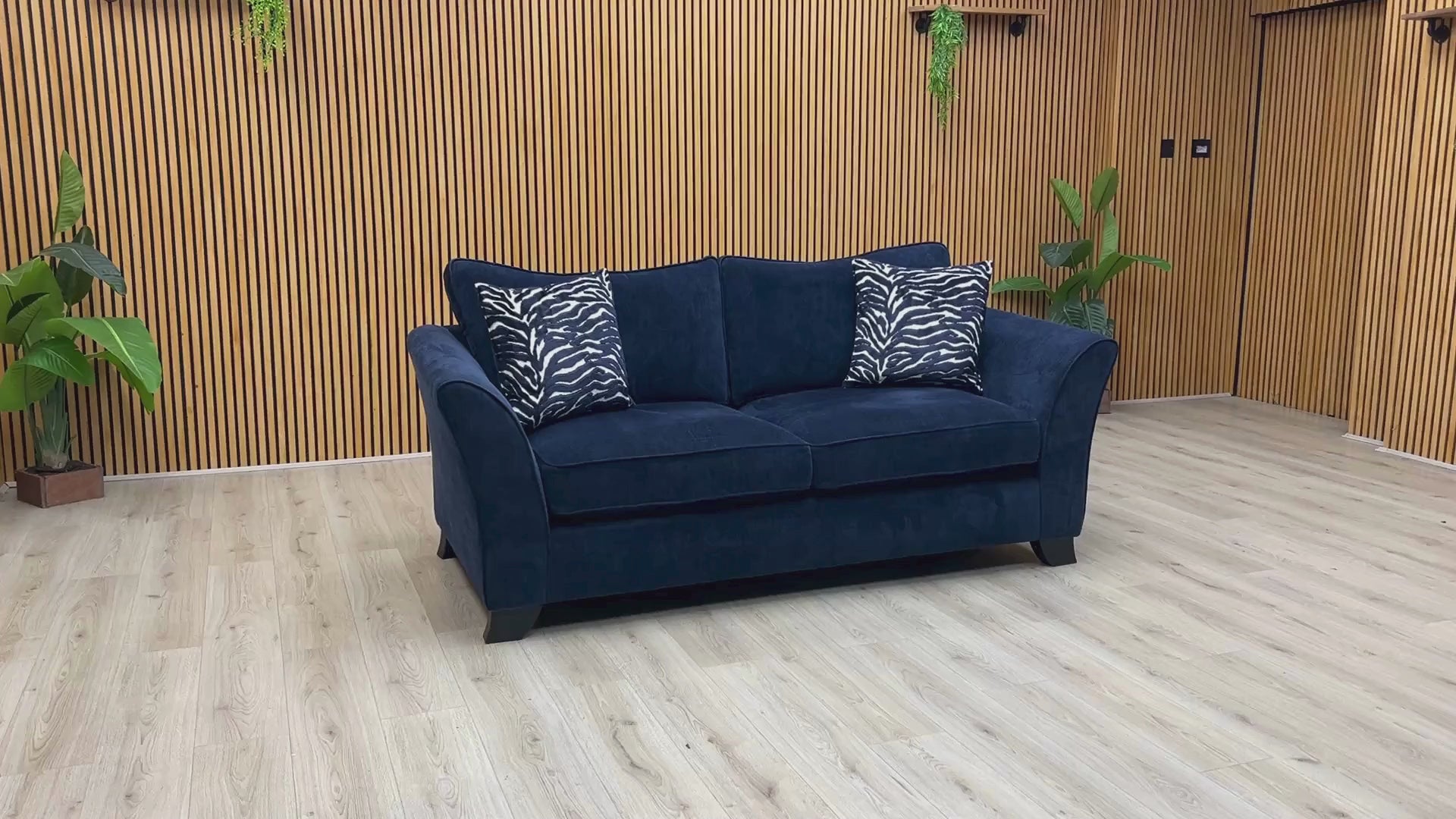 Video Of ‘Sasha’ contemporary 6-seater sofa lounge suite, featuring two matching 3-seater sofas beautifully upholstered in an elegant, rich Zara Navy Blue fabric.