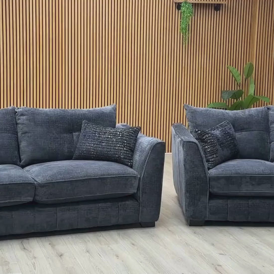Video Of ‘Allure’ luxury living room suite, featuring a matching 3-seater and 2-seater classic stationary sofa set beautifully upholstered in high-grade Coco Indigo fabric with elegant dark wenge wood feet.