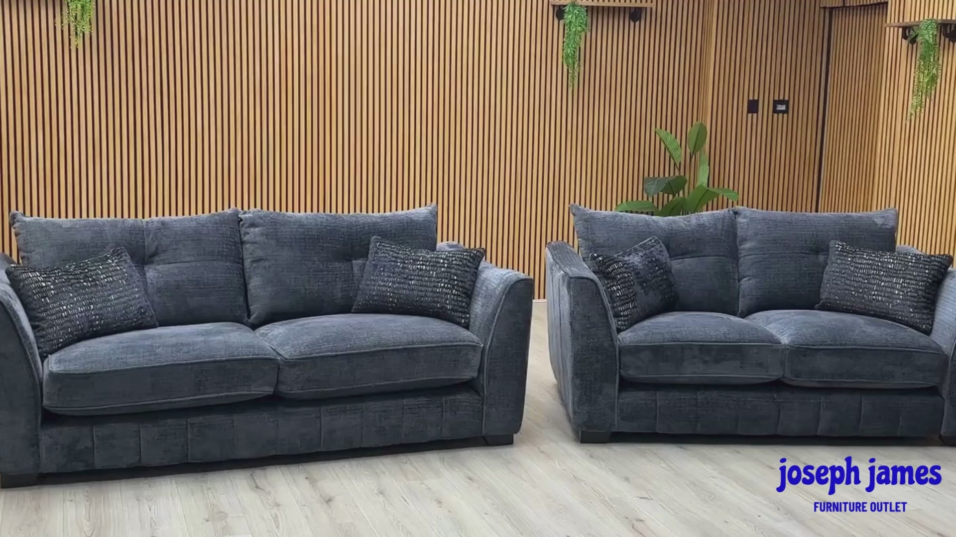 Video Of ‘Allure’ luxury living room suite, featuring a matching 3-seater and 2-seater classic stationary sofa set beautifully upholstered in high-grade Coco Indigo fabric with elegant dark wenge wood feet.