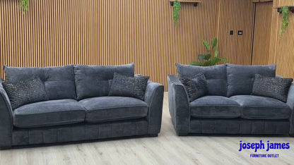 Video Of ‘Allure’ luxury living room suite, featuring a matching 3-seater and 2-seater classic stationary sofa set beautifully upholstered in high-grade Coco Indigo fabric with elegant dark wenge wood feet.