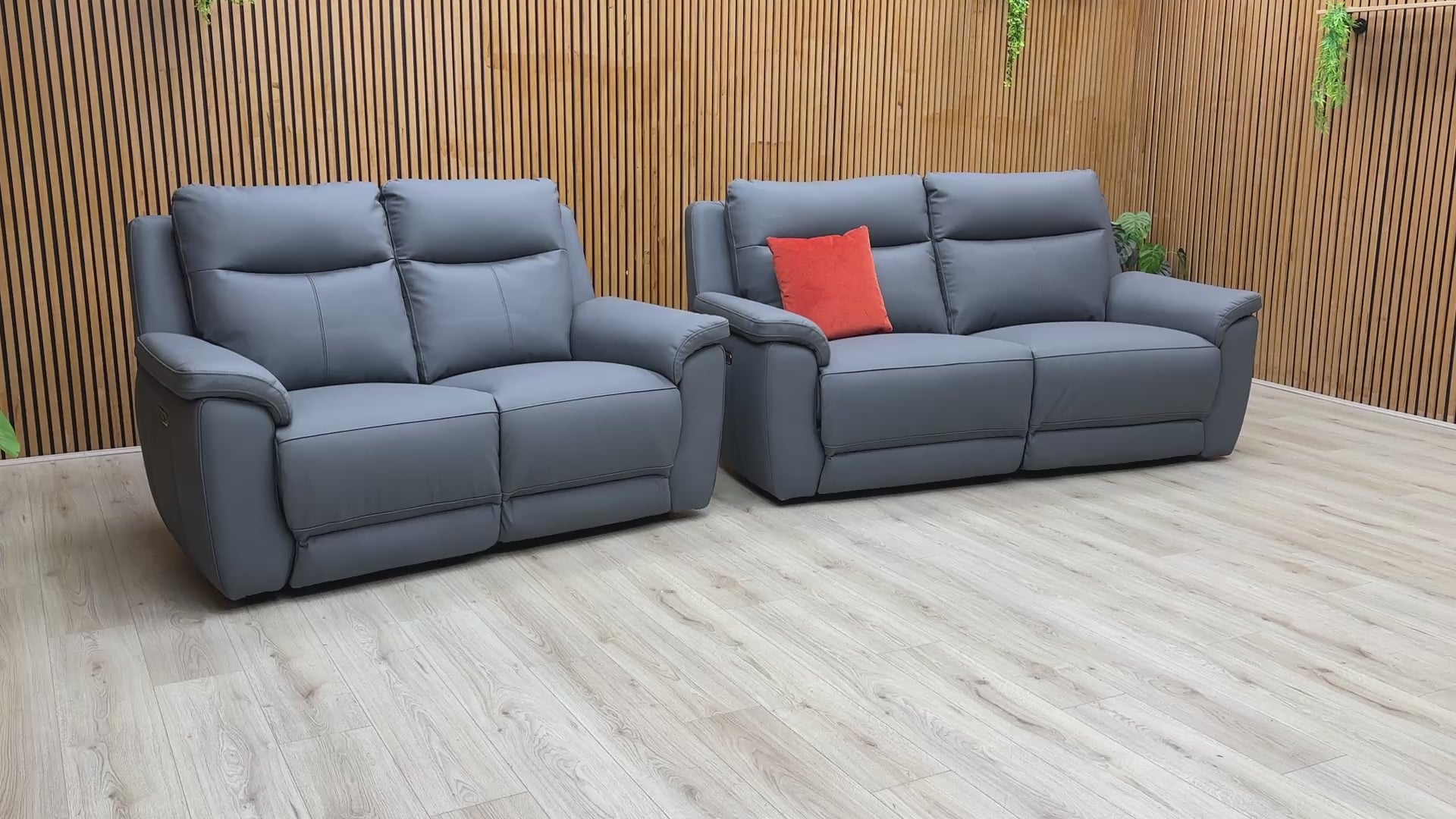Product walkthrough of the Bobby Navy Blue leather set, demonstrating the smooth power recline action and the premium leather finish.