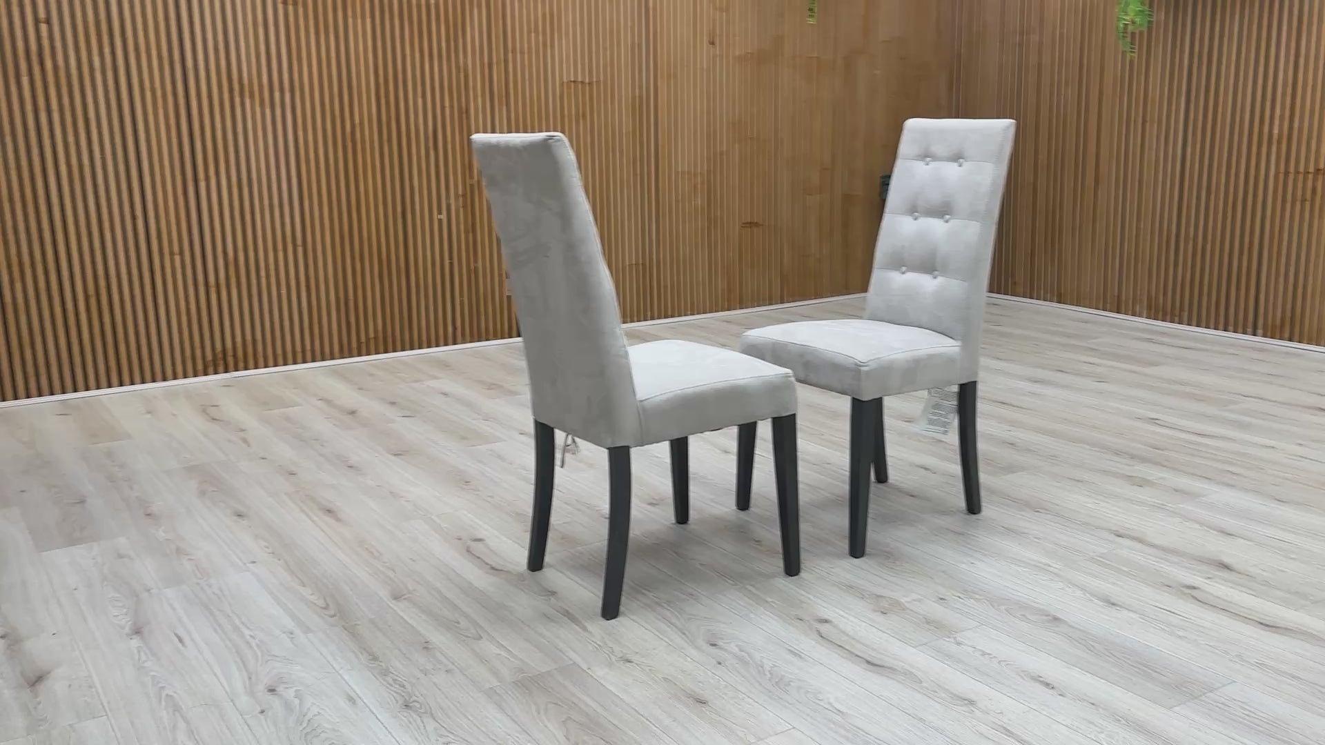 Video of showcasing the overall design and features of the Fabb Mia Silver Suede Dining Chair set.