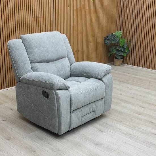 Video preview demonstrating the comfort and manual reclining action of the Weston Light Grey Recliner Chair.