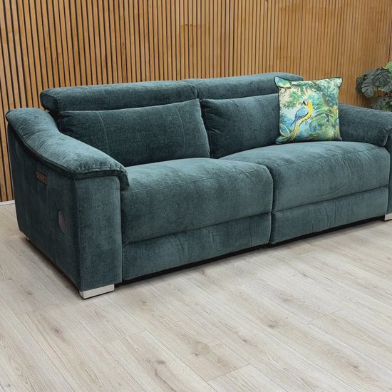 Video Of ‘Geneva’ luxury 3 and 2-seater power recliner sofa set, beautifully upholstered in high-grade Forest Green fabric featuring integrated electronic power headrests and high-fidelity Bluetooth speakers.