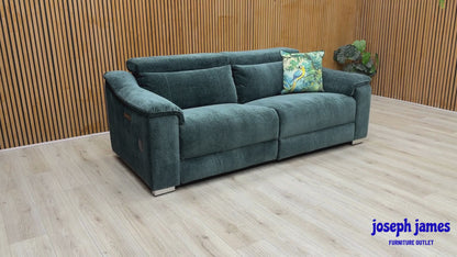 Video Of ‘Geneva’ luxury 3 and 2-seater power recliner sofa set, beautifully upholstered in high-grade Forest Green fabric featuring integrated electronic power headrests and high-fidelity Bluetooth speakers.
