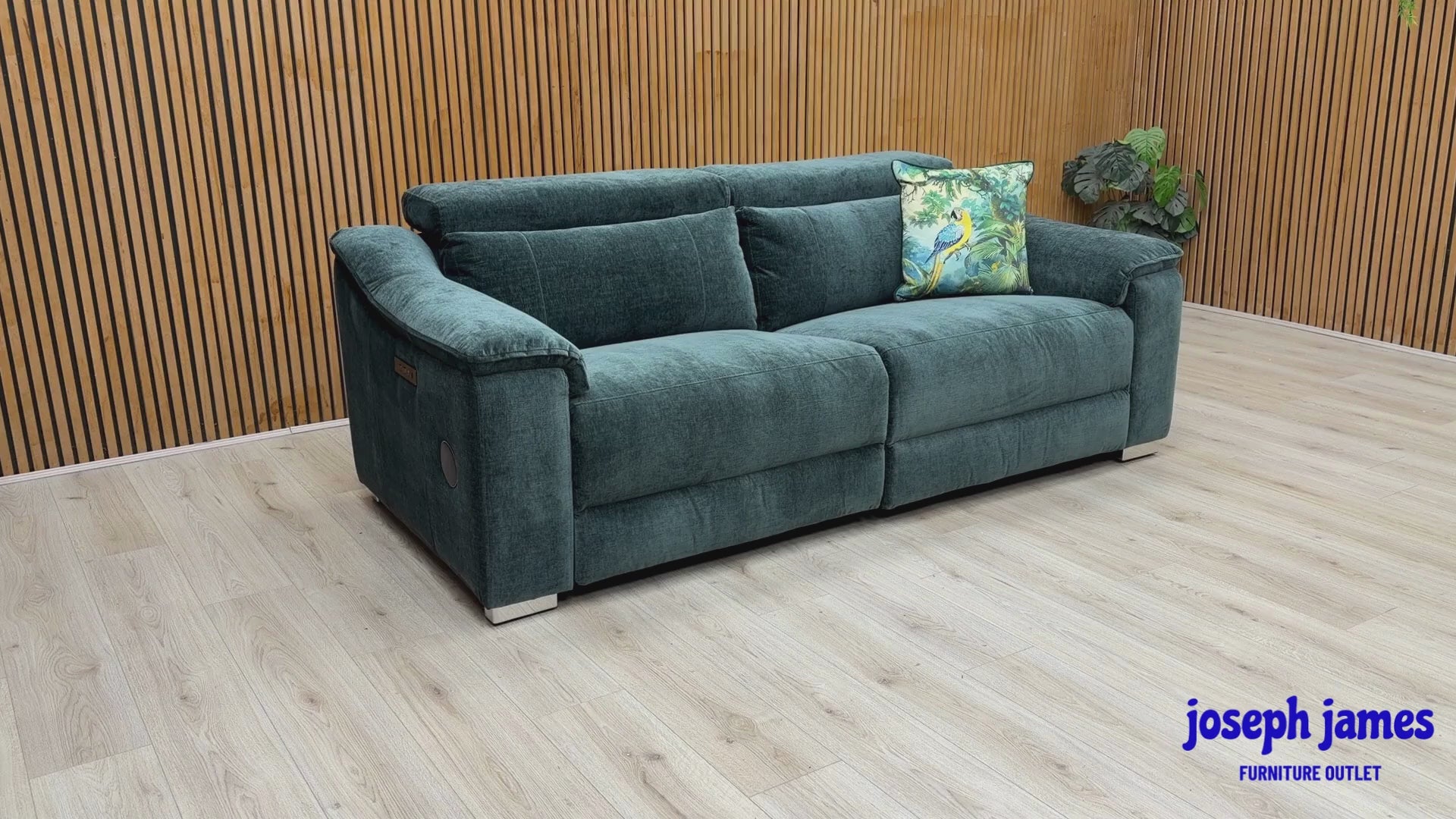 Video Of ‘Geneva’ luxury 3 and 2-seater power recliner sofa set, beautifully upholstered in high-grade Forest Green fabric featuring integrated electronic power headrests and high-fidelity Bluetooth speakers.