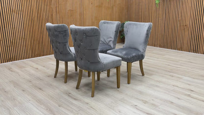 ‘Chennai’ Grey Luxe Velvet Studded Fixed Dining Chairs - Set of 4