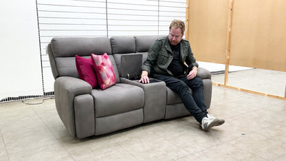‘Cinemax’ Np-1107 Nappa Grey Media 2 Seater Fabric Power Recliner Sofa with Power Headrests