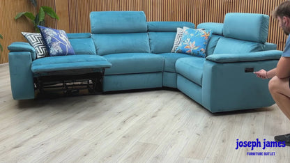 Video Of ‘Nicoletti Davide’ Italian designer small corner sectional sofa, beautifully upholstered in high-grade Teal fabric, featuring integrated independent electronic power recliners.