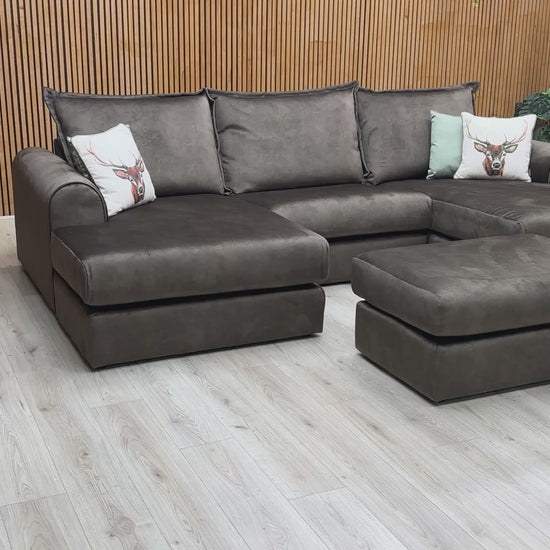 Product video tour of the ‘Serenis’ Sage Grey Velvet Chaise Sofa and Footstool, demonstrating the fabric’s shimmer, cushion comfort, and the modular feel of the set.
