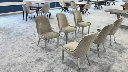 Video demonstration of the 'Gabana' stone velvet dining chair, showcasing the fabric texture and modern design.