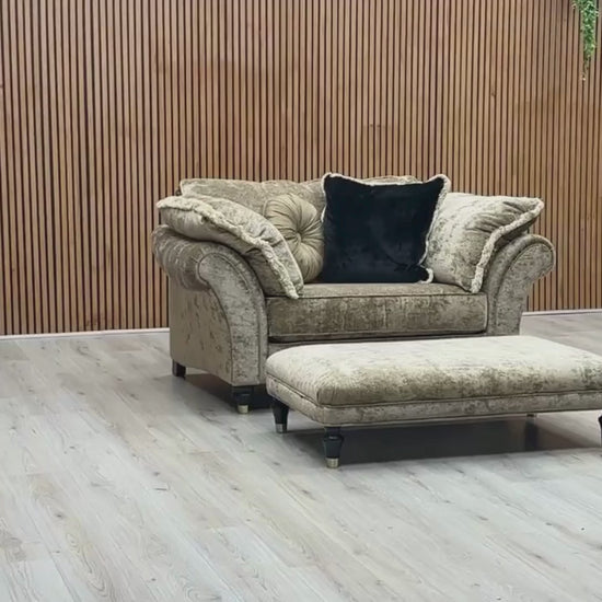 Video Of ‘Duresta Princeton’ classic reading chair and matching rectangular footstool set, beautifully upholstered in an opulent Monarch Gold fabric with traditional ruched detailing.