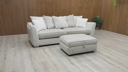 ‘Boujee’ Lustro Dove Ct Fabric 4 Seater Split Frame Scatter Back Sofa + Storage Footstool