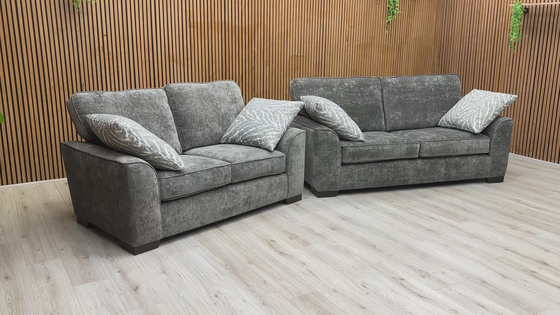 Video showcasing the design and comfort of the 'Theodore' Meridian Charcoal Grey Sofa Set.