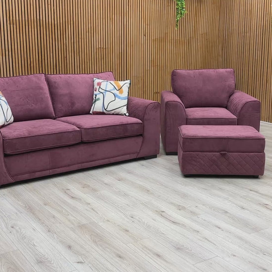 Video preview of the Orka Wine Plaza Linen 3 Seater Sofa, Armchair, and Storage Footstool.