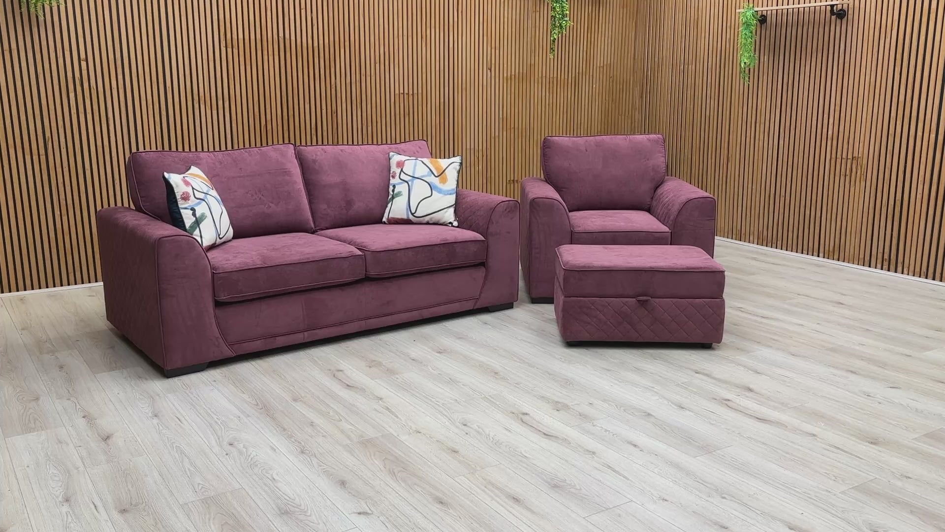 Video preview of the Orka Wine Plaza Linen 3 Seater Sofa, Armchair, and Storage Footstool.