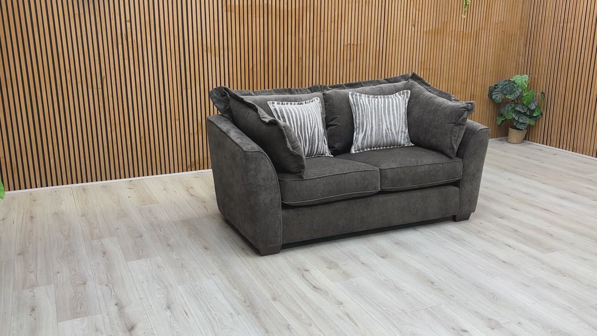 Product video tour of the ‘Finchley’ Moleskin Brown Chenille 2 Seater Sofa, demonstrating the fabric’s durability, cushion recovery, and space-saving proportions.