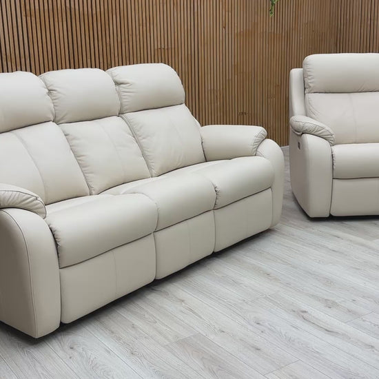 Video for G Plan 'Kingsbury' L843 Power Recliner Set in Cambridge Stone Leather, showcasing the 3 Seater Sofa and matching Power Chair.