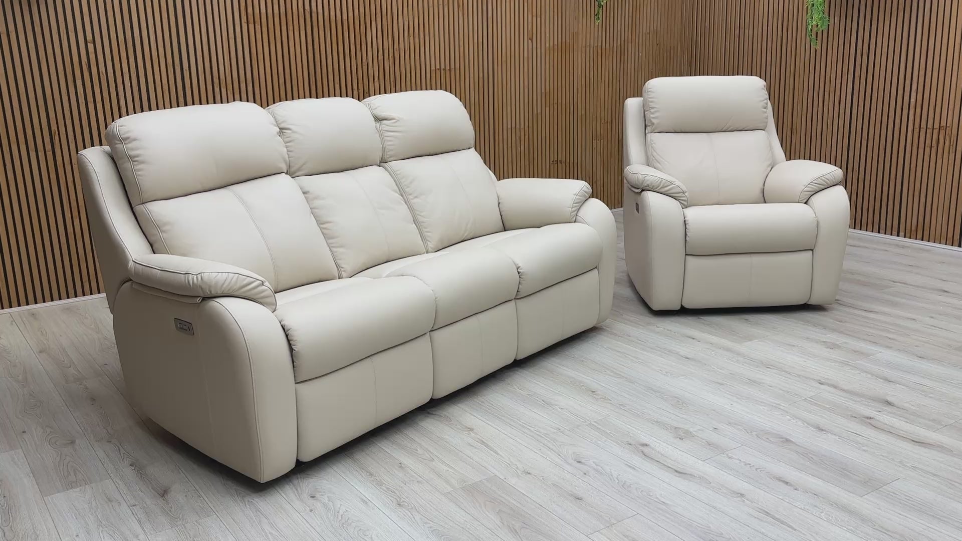 Video for G Plan 'Kingsbury' L843 Power Recliner Set in Cambridge Stone Leather, showcasing the 3 Seater Sofa and matching Power Chair.