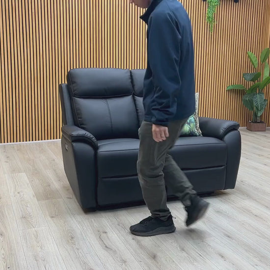 Video Of ‘Kingsmere’ contemporary 2-seater power recliner sofa, beautifully upholstered in high-grade matte Black Leather.