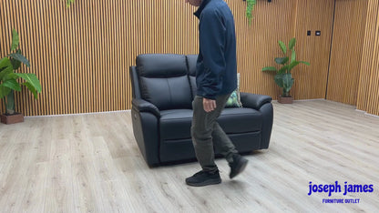 Video Of ‘Kingsmere’ contemporary 2-seater power recliner sofa, beautifully upholstered in high-grade matte Black Leather.
