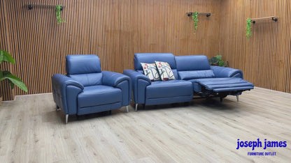 ‘Vino’ Cat-40_12 Aegean Blue Leather 3 Seater Power Recliner Sofa with Power Headrests and Heated Seats + Power Chair