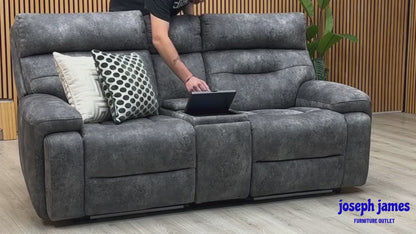 ‘Cinemax’ Marque Seal Grey Mq-0106 Velvet Fabric Set: 2 Seater Media Console Power Recliner with Power Headrests + Power Chair Sofa Set