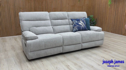 ‘Olivia’ Grey Fabric Manual Recliner 3 Seater Sofa with Drop Down Cup Holders and Wireless Charging