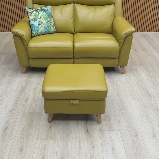Video preview image for the product, demonstrating the size, leather finish, and features, including the storage footstool.