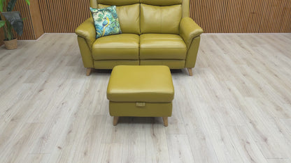 Video preview image for the product, demonstrating the size, leather finish, and features, including the storage footstool.
