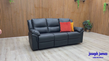 ‘Albion' Black Luxury Faux Leather 3 Seater High Back Manual Recliner Sofa