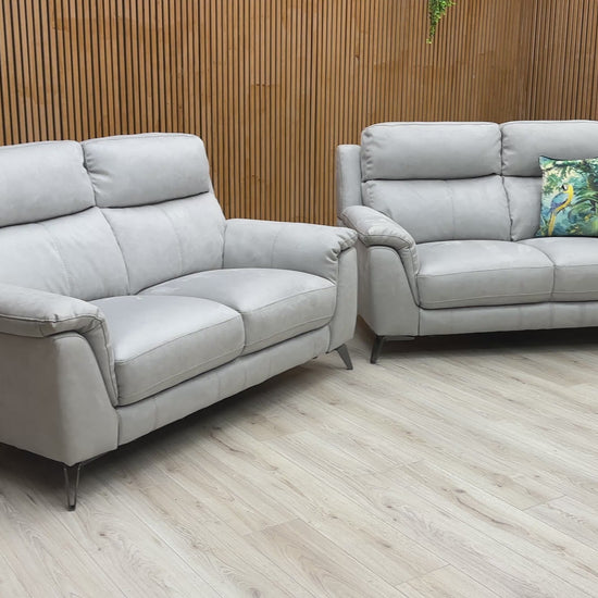 Video of a Contempo Bluish Grey Suede Fabric Sofa Set within a room.