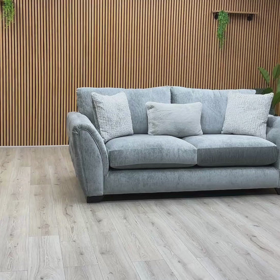 Video Of ‘Aphrodite’ contemporary 3-seater stationary sofa, beautifully upholstered in high-grade California Mist Grey fabric with a sleek modern design.