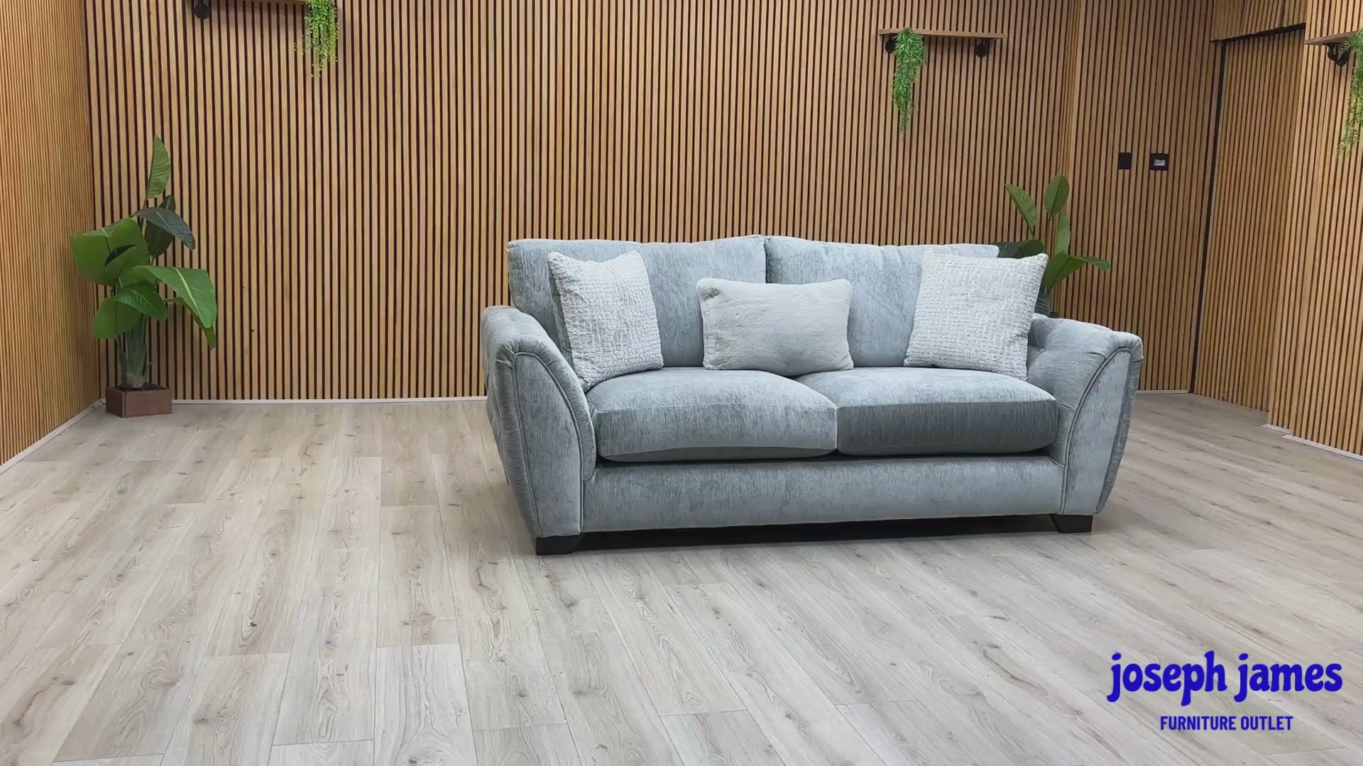 Video Of ‘Aphrodite’ contemporary 3-seater stationary sofa, beautifully upholstered in high-grade California Mist Grey fabric with a sleek modern design.