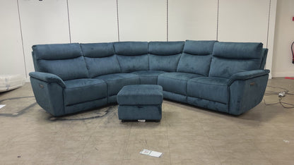 'Micah' Heritage Airforce Blue Velvet Large Power Recliner Corner Sofa with Power Headrests + Storage Footstool