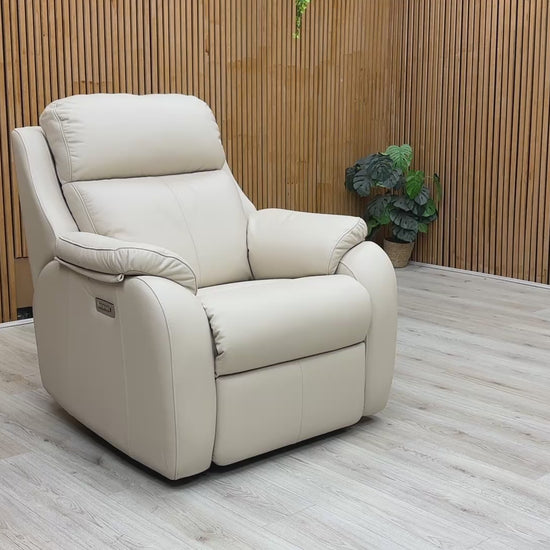 Product video tour of the G Plan Kingsbury Power Recliner, demonstrating the smooth reclining action, independent power headrest, and adjustable lumbar system.