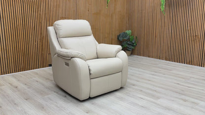 Product video tour of the G Plan Kingsbury Power Recliner, demonstrating the smooth reclining action, independent power headrest, and adjustable lumbar system.