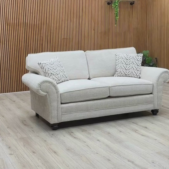 Video Of ‘Clara’ contemporary 3-seater stationary sofa, beautifully upholstered in high-grade Beige woven fabric with a sleek modern design.