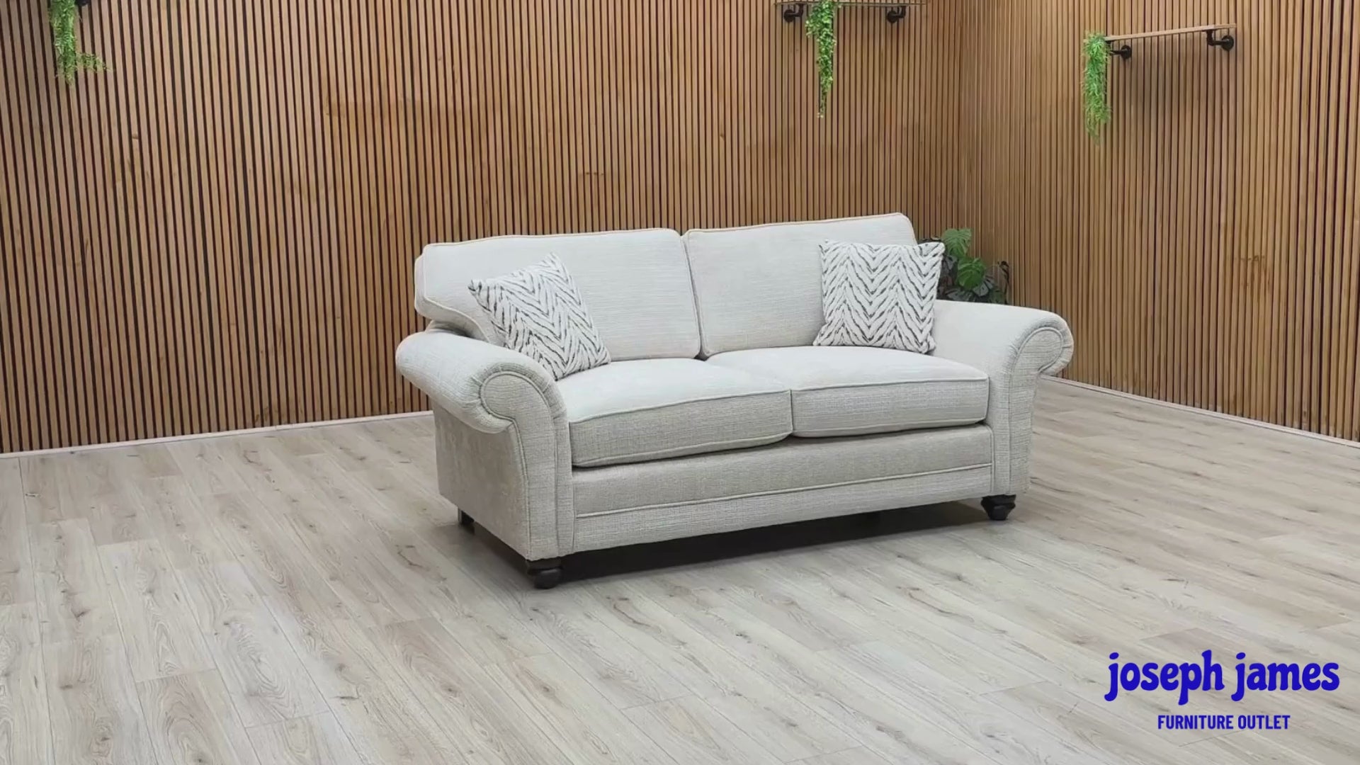 Video Of ‘Clara’ contemporary 3-seater stationary sofa, beautifully upholstered in high-grade Beige woven fabric with a sleek modern design.