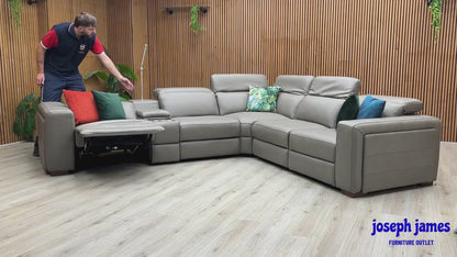 ‘Ankara’ Mushroom Grey Leather Large Modular Power Recliner Corner Sofa with Storage, Cup holders, Wireless Charging and Reading Light