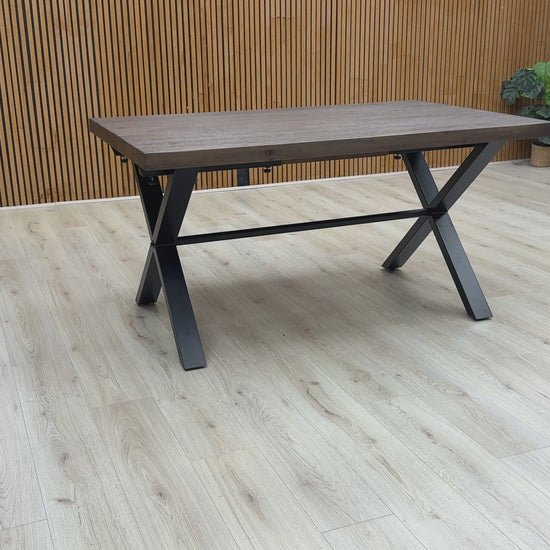Video content detailing the structure and dark finish of the 'Mars' 150cm Dining Table.